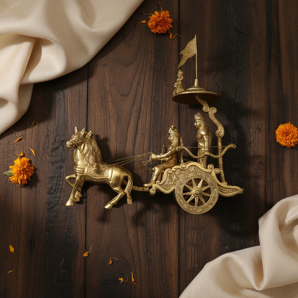 Svarn Studio pure brass Arjun Rath handcrafted Mahabharata chariot showpiece Krishna Arjun home decor gifting