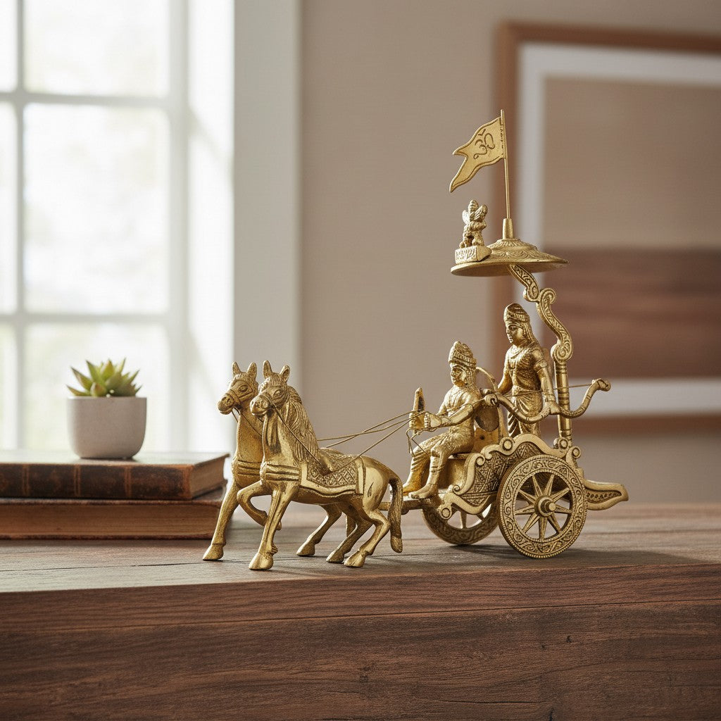 Svarn Studio pure brass Arjun Rath handcrafted Mahabharata chariot showpiece Krishna Arjun home decor gifting