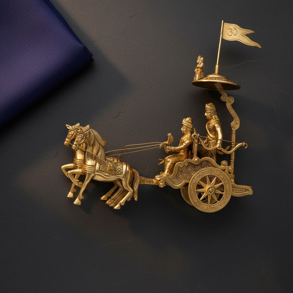 Svarn Studio pure brass Arjun Rath handcrafted Mahabharata chariot showpiece Krishna Arjun home decor gifting