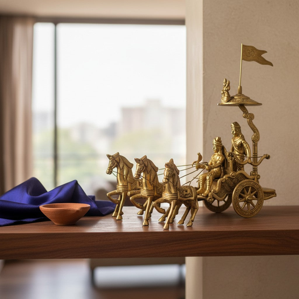 Svarn Studio pure brass Arjun Rath handcrafted Mahabharata chariot showpiece Krishna Arjun home decor gifting