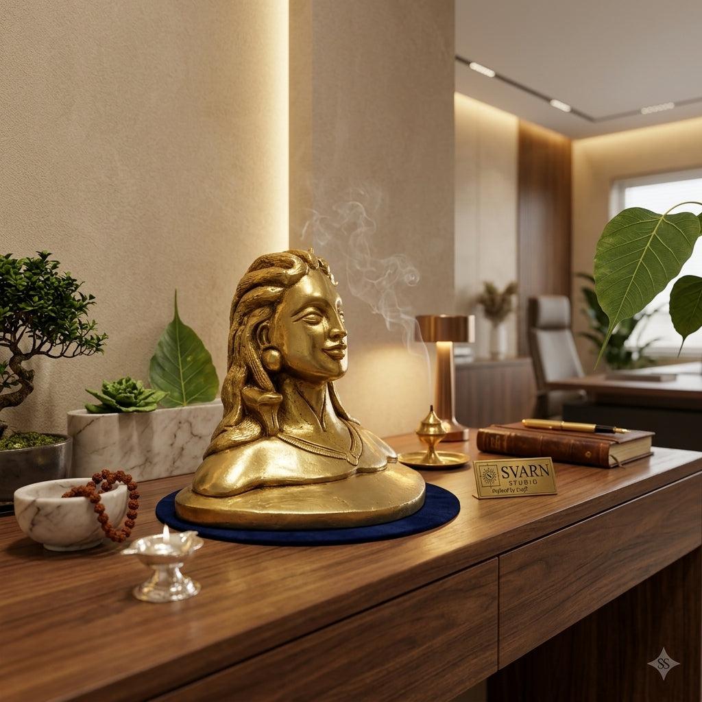 Svarn Studio Brass Adiyogi Shiva Bust Idol, Gold Finish, Handcrafted Figurine, Home Décor & Puja Mandir Statue, 9 x 7 cm