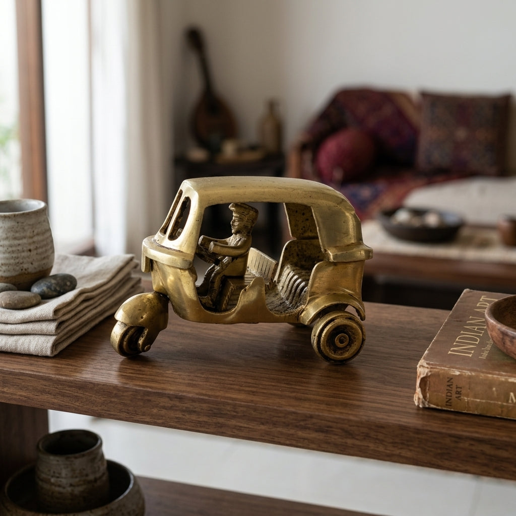 Brass Auto Rickshaw Showpiece | Handcrafted Antique Gold | Iconic Indian Décor & Gifting