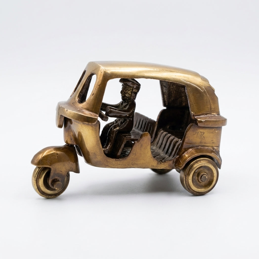 Svarn Studio Handcrafted Brass Auto Rickshaw Showpiece — Antique Brown & Gold Finish | Iconic Indian Décor & Gifting