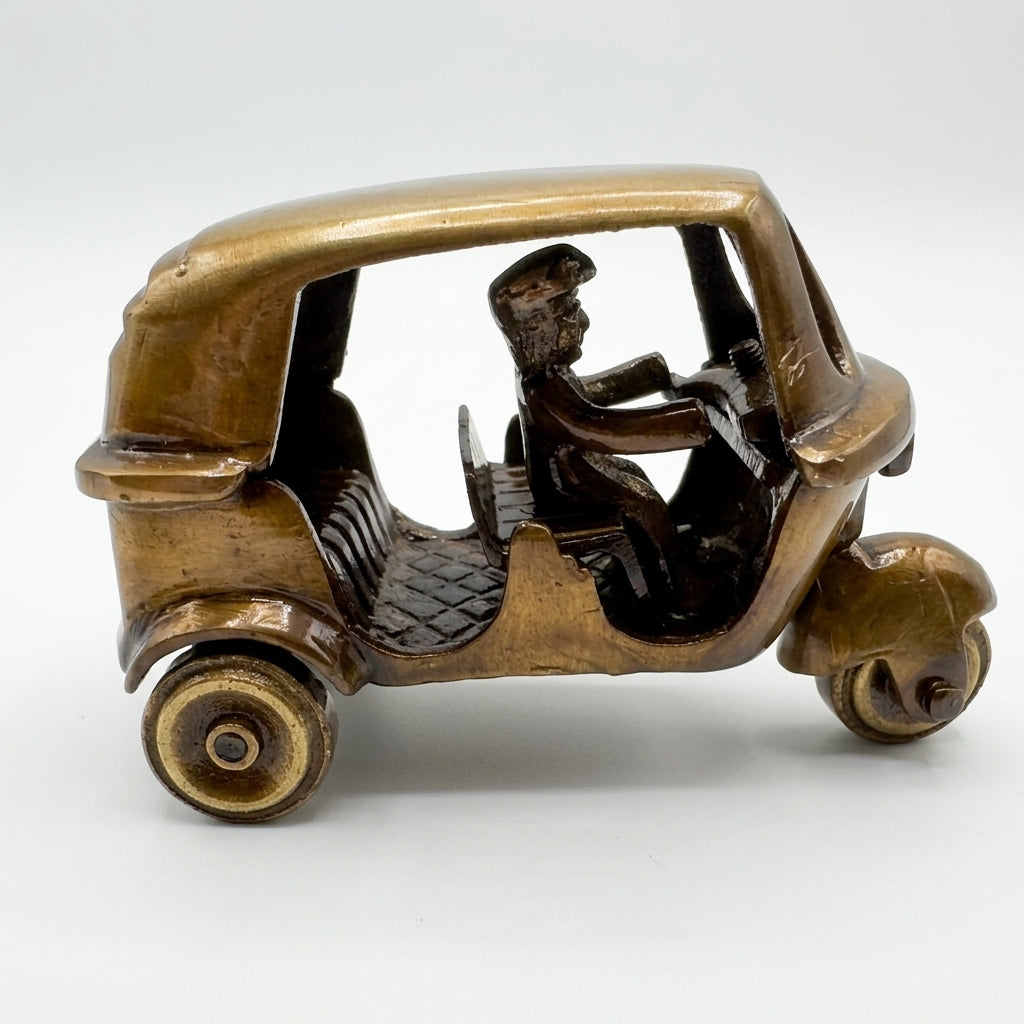 Svarn Studio Handcrafted Brass Auto Rickshaw Showpiece — Antique Brown & Gold Finish | Iconic Indian Décor & Gifting