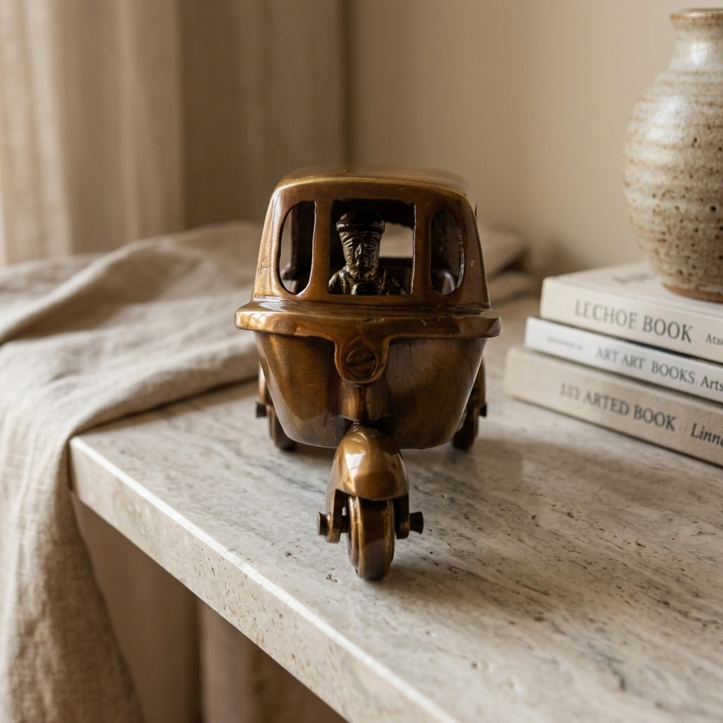 Svarn Studio Handcrafted Brass Auto Rickshaw Showpiece — Antique Brown & Gold Finish | Iconic Indian Décor & Gifting
