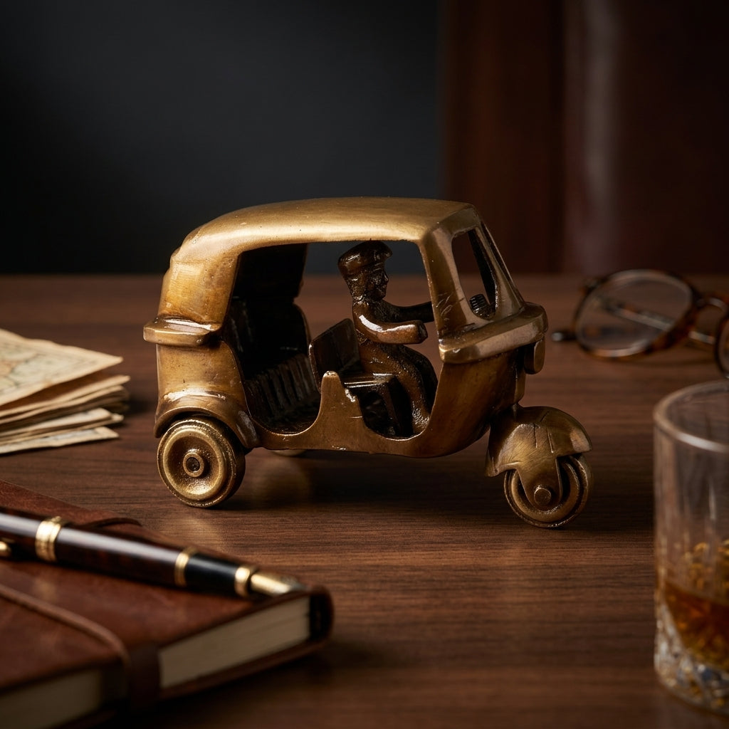 Svarn Studio Handcrafted Brass Auto Rickshaw Showpiece — Antique Brown & Gold Finish | Iconic Indian Décor & Gifting
