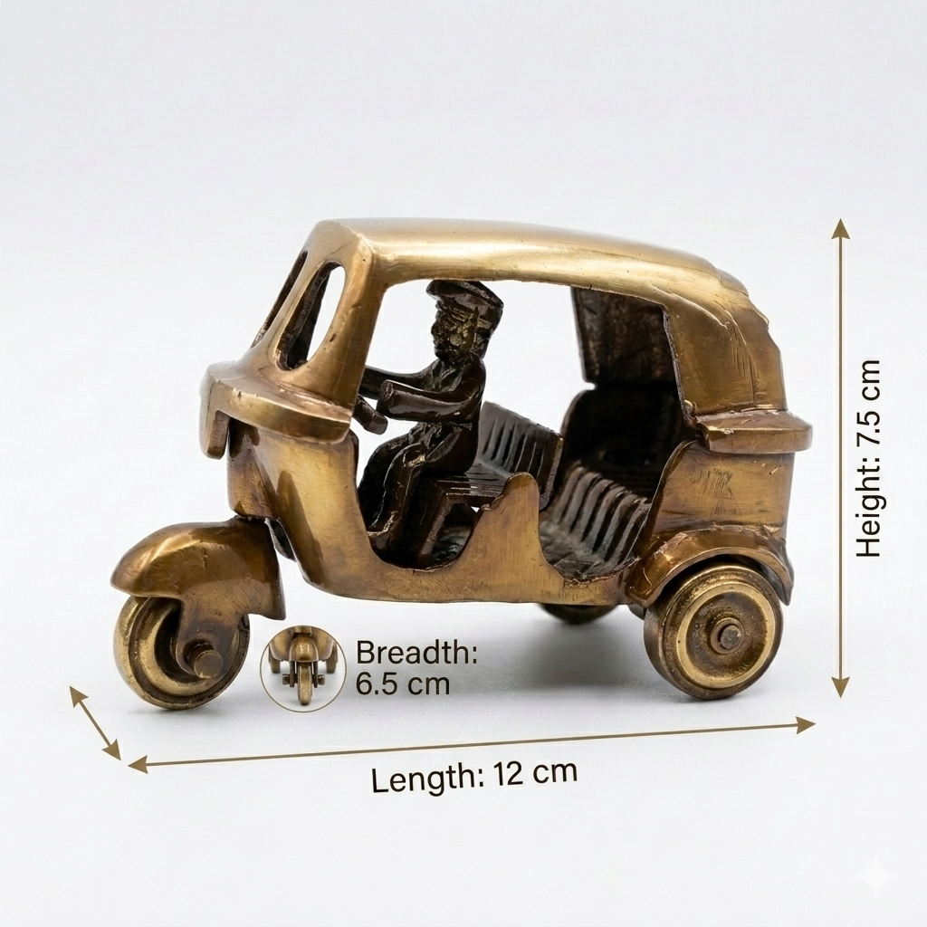 Svarn Studio Handcrafted Brass Auto Rickshaw Showpiece — Antique Brown & Gold Finish | Iconic Indian Décor & Gifting