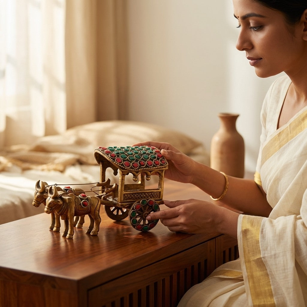Svarn Studio brass Bail Gaadi with Ganesh Ji handcrafted antique gold bullock cart traditional art showpiece
