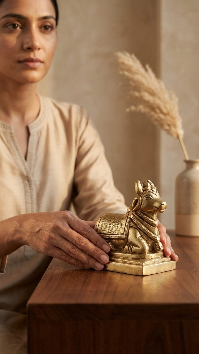 Svarn Studio Solid Brass Nandi Bail Statue | Sacred Bull Figurine for Pooja | Small | 2.5 x 2 Inch | 274g