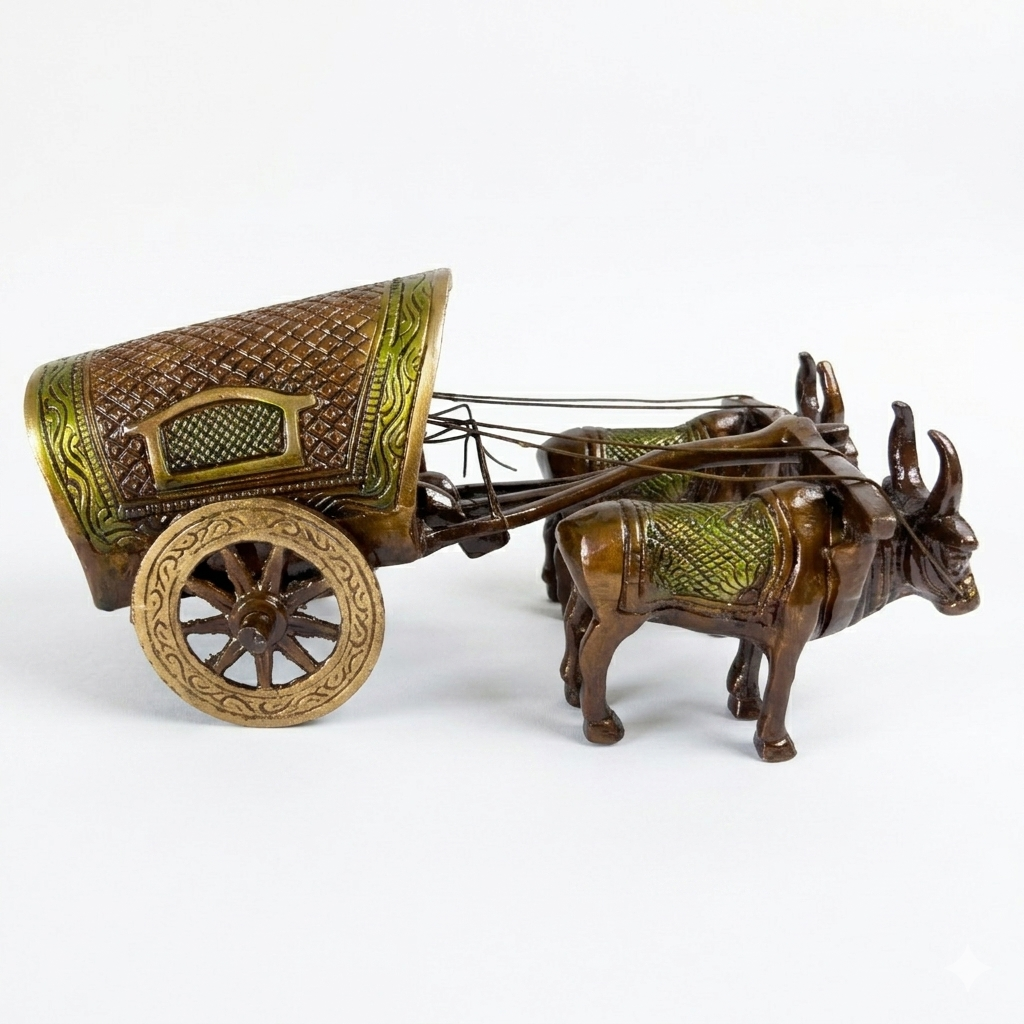Svarn Studio Handcrafted Royal Brass Bullock Cart — Traditional Indian Ox Cart Figurine with a Mixed Patina Finish
