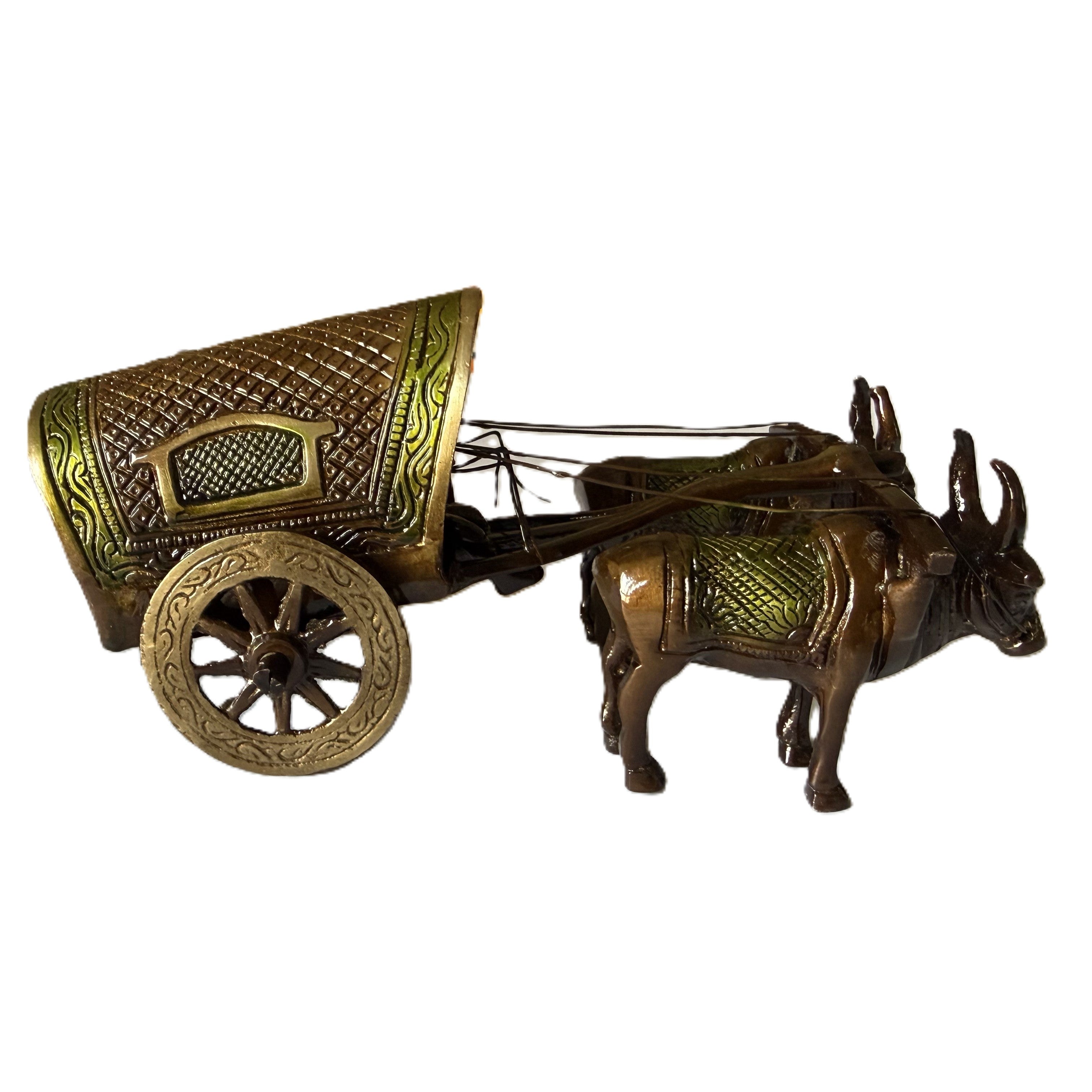 Svarn Studio Handcrafted Royal Brass Bullock Cart — Traditional Indian Ox Cart Figurine with a Mixed Patina Finish