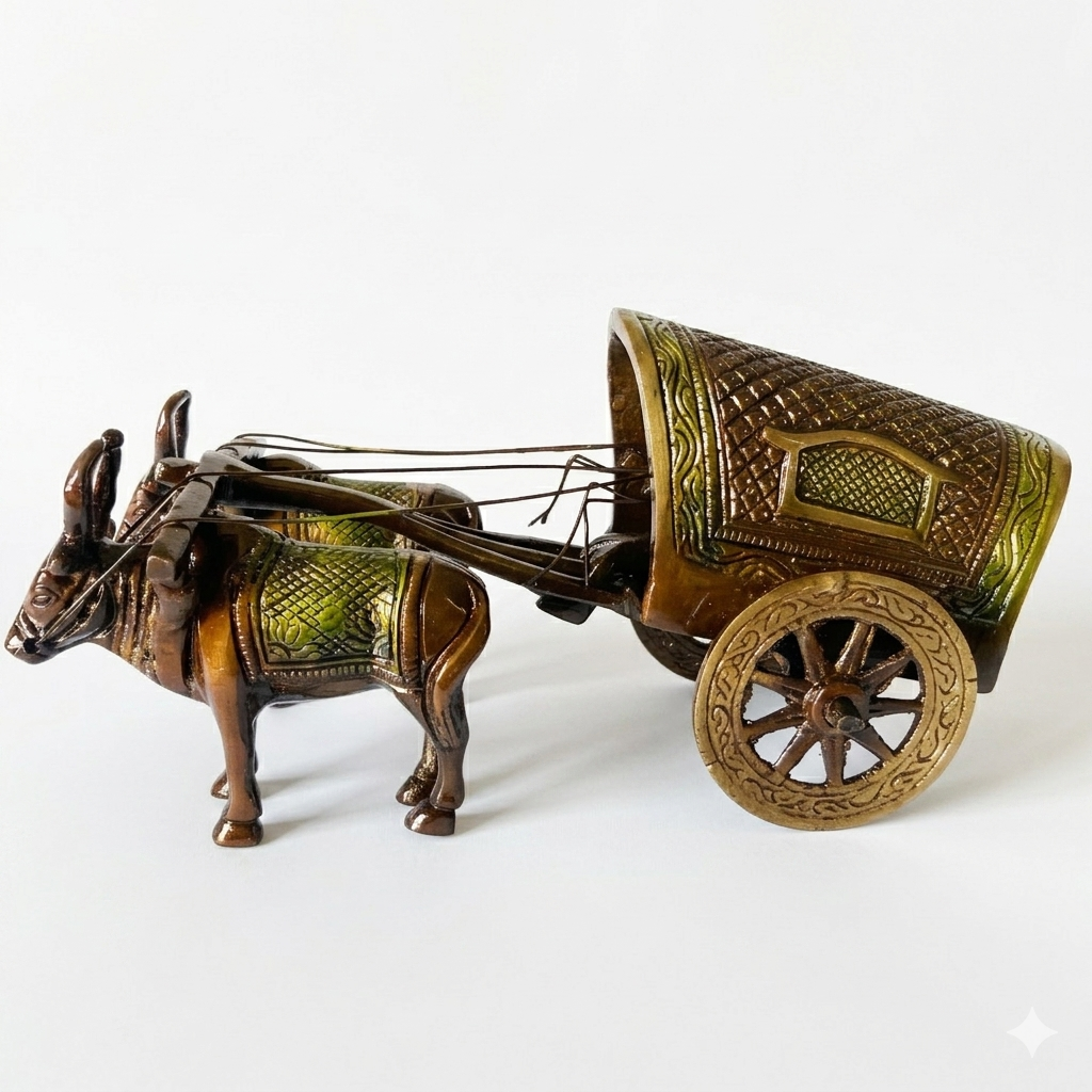 Svarn Studio Handcrafted Royal Brass Bullock Cart — Traditional Indian Ox Cart Figurine with a Mixed Patina Finish