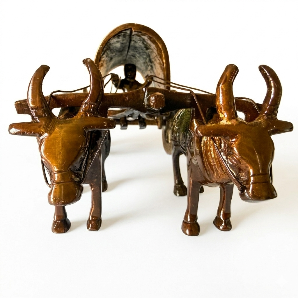Svarn Studio Handcrafted Royal Brass Bullock Cart — Traditional Indian Ox Cart Figurine with a Mixed Patina Finish