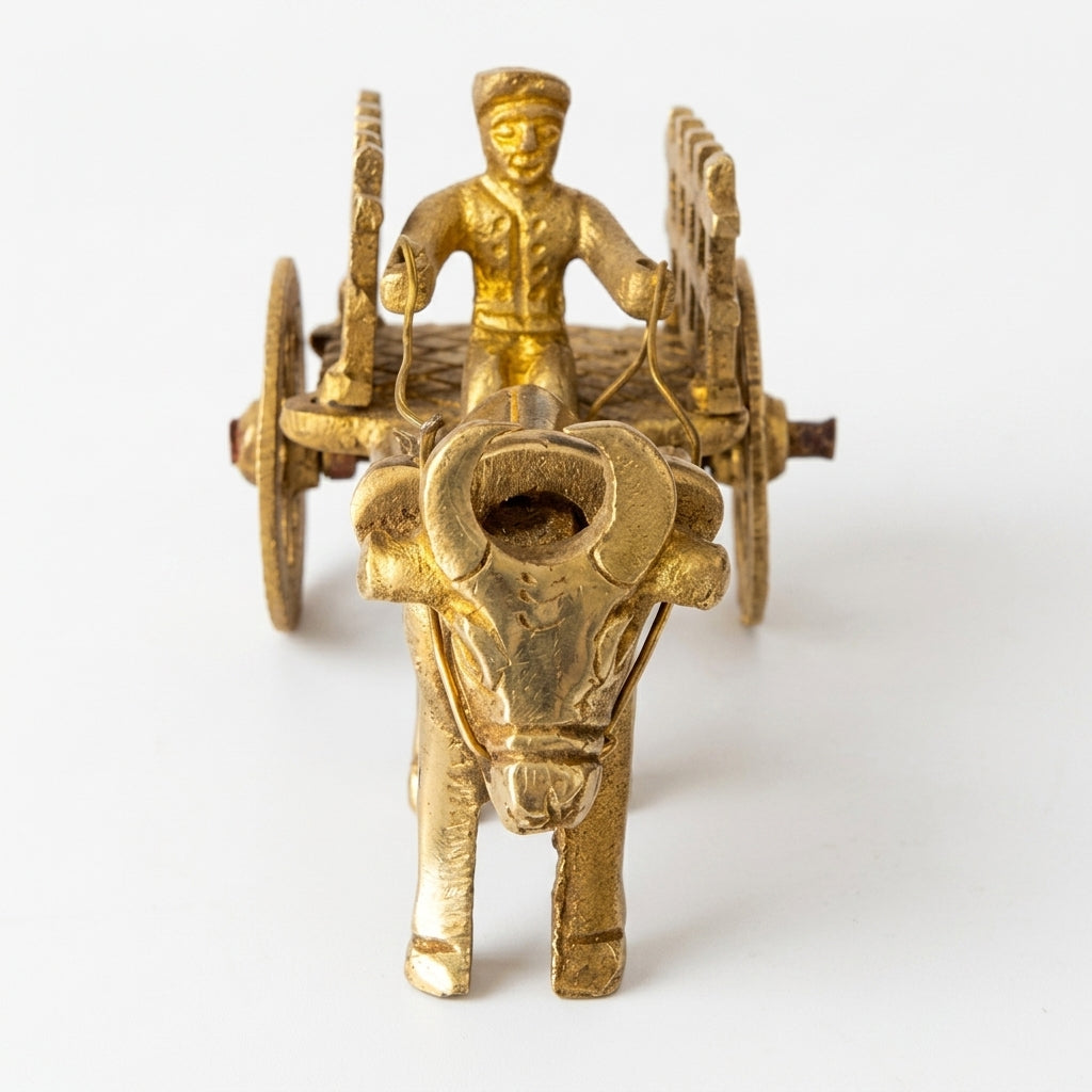 Svarn Studio Handcrafted Brass Bail Gaadi Figurine, Ox Bullock Cart with Cartman, Home Decor | 11.5 × 4.5 × 5 cm