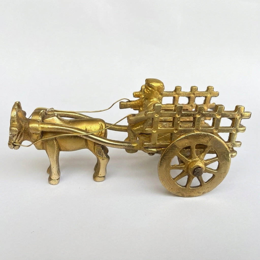 Svarn Studio Handcrafted Brass Bail Gaadi Figurine, Ox Bullock Cart with Cartman, Home Decor | 11.5 × 4.5 × 5 cm