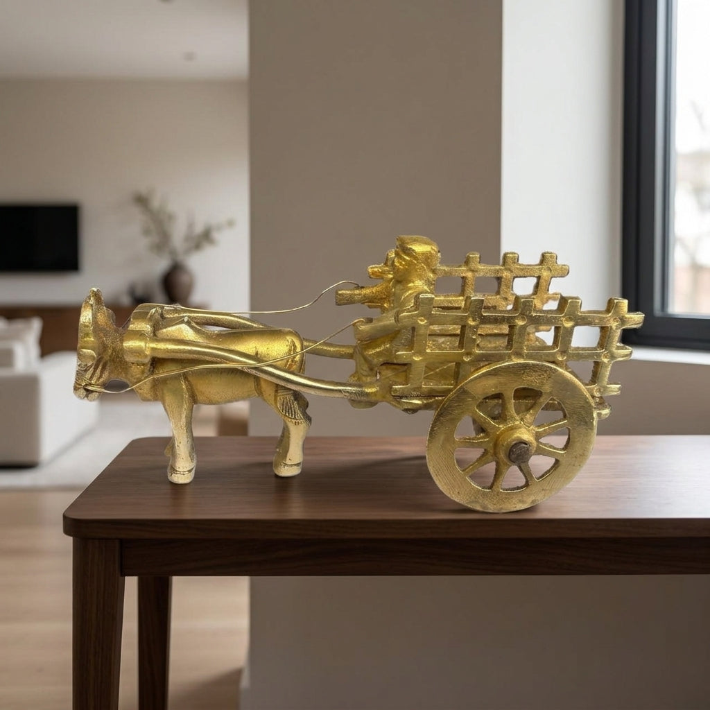 Svarn Studio Handcrafted Brass Bail Gaadi Figurine, Ox Bullock Cart with Cartman, Home Decor | 11.5 × 4.5 × 5 cm