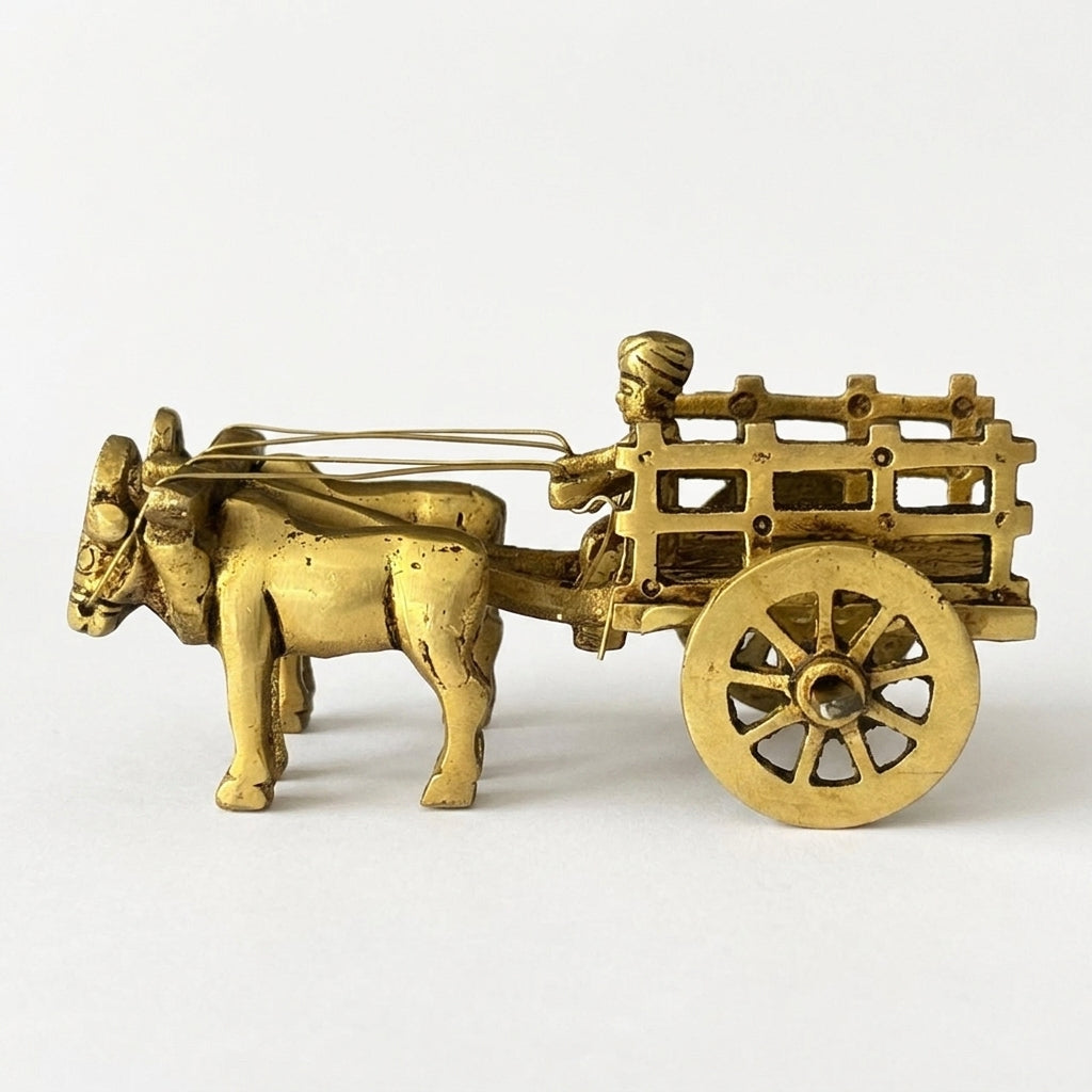 Svarn Studio Handcrafted Brass Bail Gaadi Figurine, Ox Bullock Cart with Cartman, Home Decor | 11.5 × 4.5 × 5 cm