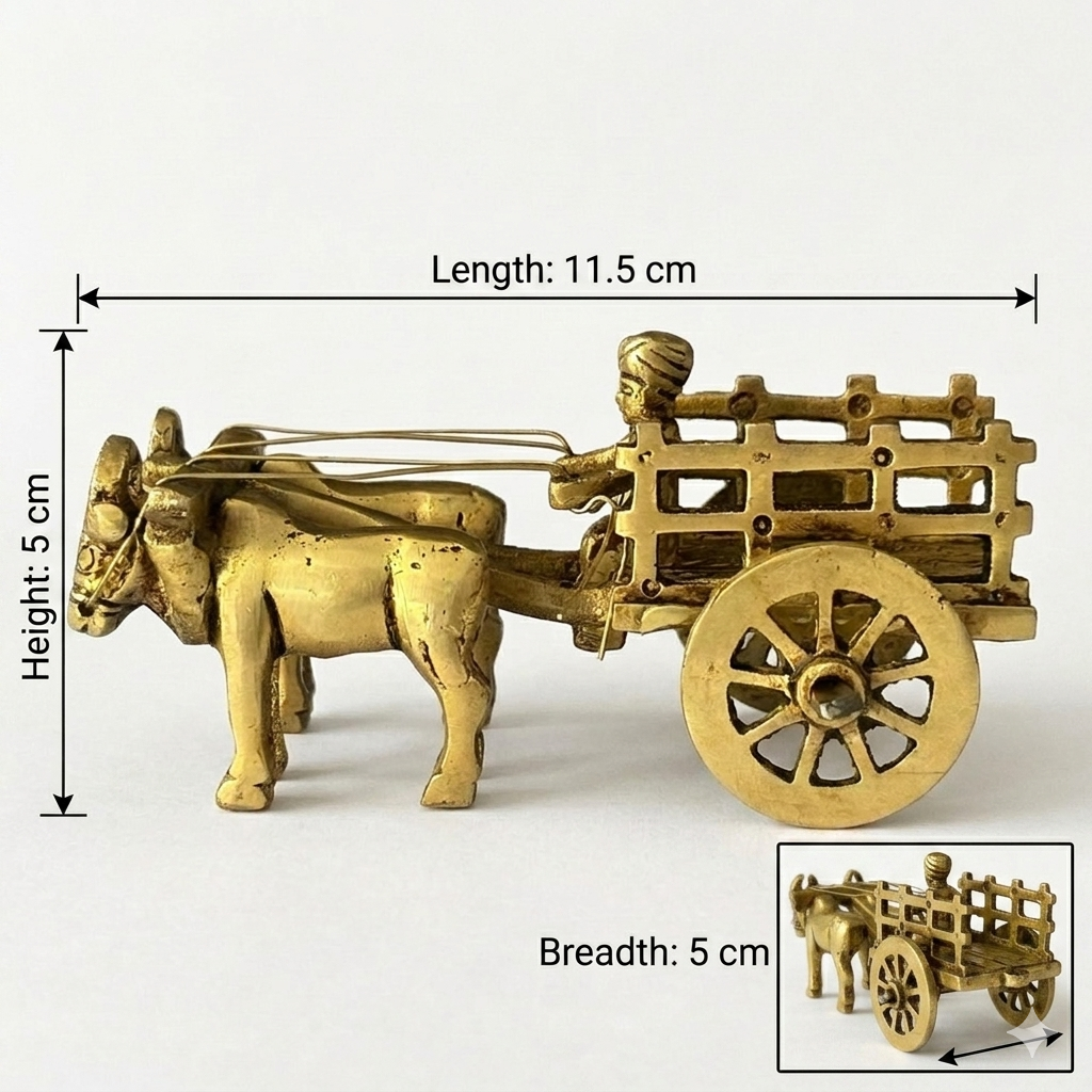 Svarn Studio Handcrafted Brass Bail Gaadi Figurine, Ox Bullock Cart with Cartman, Home Decor | 11.5 × 4.5 × 5 cm