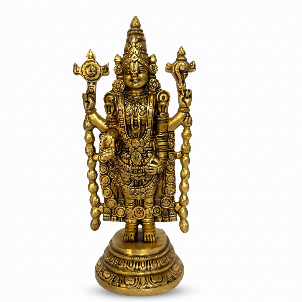 Svarn Studio Handcrafted Brass Lord Venkateswara (Balaji) Idol Statue | Tirupati Balaji Murti in Antique Gold Finish | Puja Room Deity Figurine | Premium Spiritual & Religious Gift, 20.32 cm, Heavy