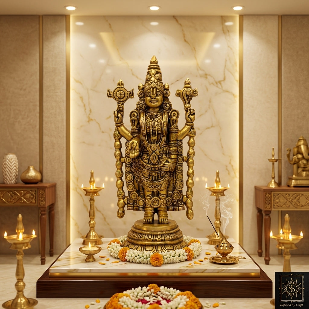 Svarn Studio Handcrafted Brass Lord Venkateswara (Balaji) Idol Statue | Tirupati Balaji Murti in Antique Gold Finish | Puja Room Deity Figurine | Premium Spiritual & Religious Gift, 20.32 cm, Heavy