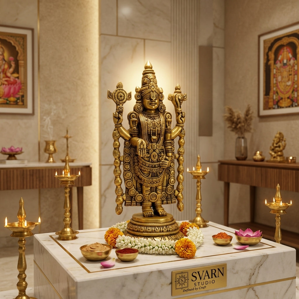 Svarn Studio Handcrafted Brass Lord Venkateswara (Balaji) Idol Statue | Tirupati Balaji Murti in Antique Gold Finish | Puja Room Deity Figurine | Premium Spiritual & Religious Gift, 20.32 cm, Heavy