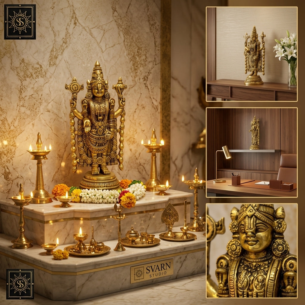 Svarn Studio Handcrafted Brass Lord Venkateswara (Balaji) Idol Statue | Tirupati Balaji Murti in Antique Gold Finish | Puja Room Deity Figurine | Premium Spiritual & Religious Gift, 20.32 cm, Heavy