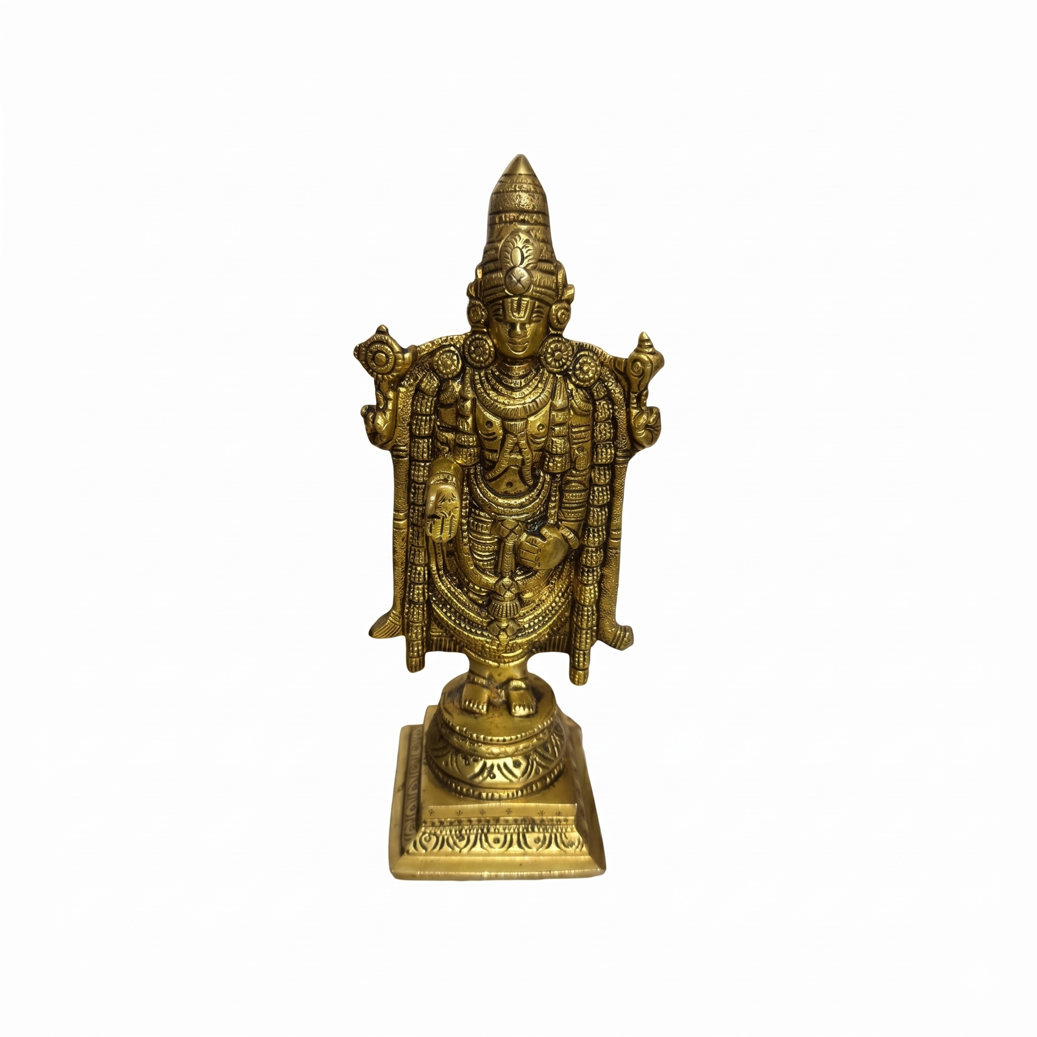 Svarn Studio Pure Brass Lord Venkateswara Balaji Idol, Tirupati Srinivasa Murti on Square Pedestal | Puja Room Deity Statue | Premium Devotional & Religious Gift | Antique Gold Finish, 20.32 cm, Heavy
