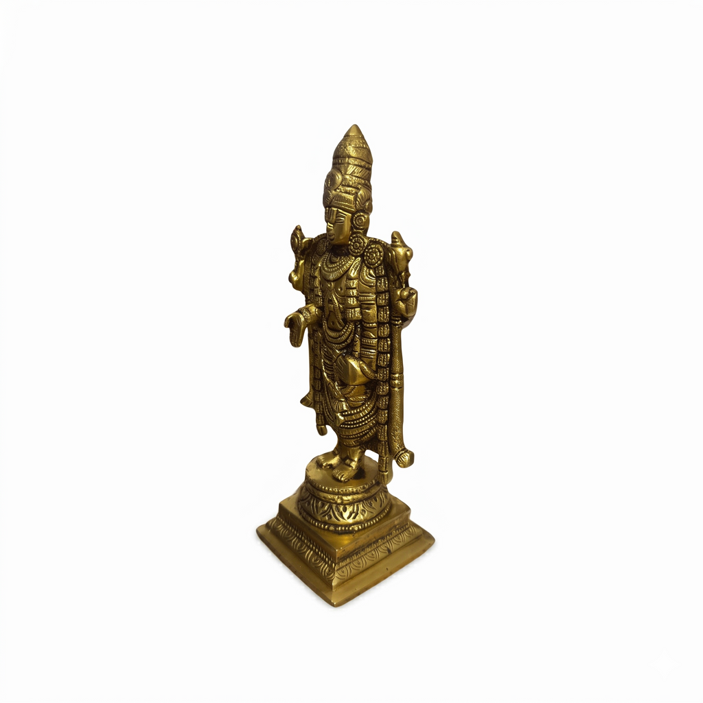 Svarn Studio Pure Brass Lord Venkateswara Balaji Idol, Tirupati Srinivasa Murti on Square Pedestal | Puja Room Deity Statue | Premium Devotional & Religious Gift | Antique Gold Finish, 20.32 cm, Heavy