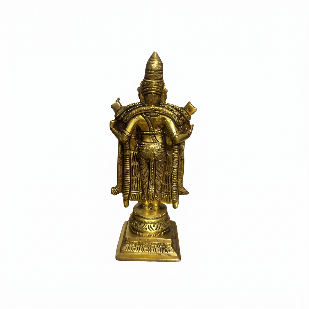 Svarn Studio Pure Brass Lord Venkateswara Balaji Idol, Tirupati Srinivasa Murti on Square Pedestal | Puja Room Deity Statue | Premium Devotional & Religious Gift | Antique Gold Finish, 20.32 cm, Heavy