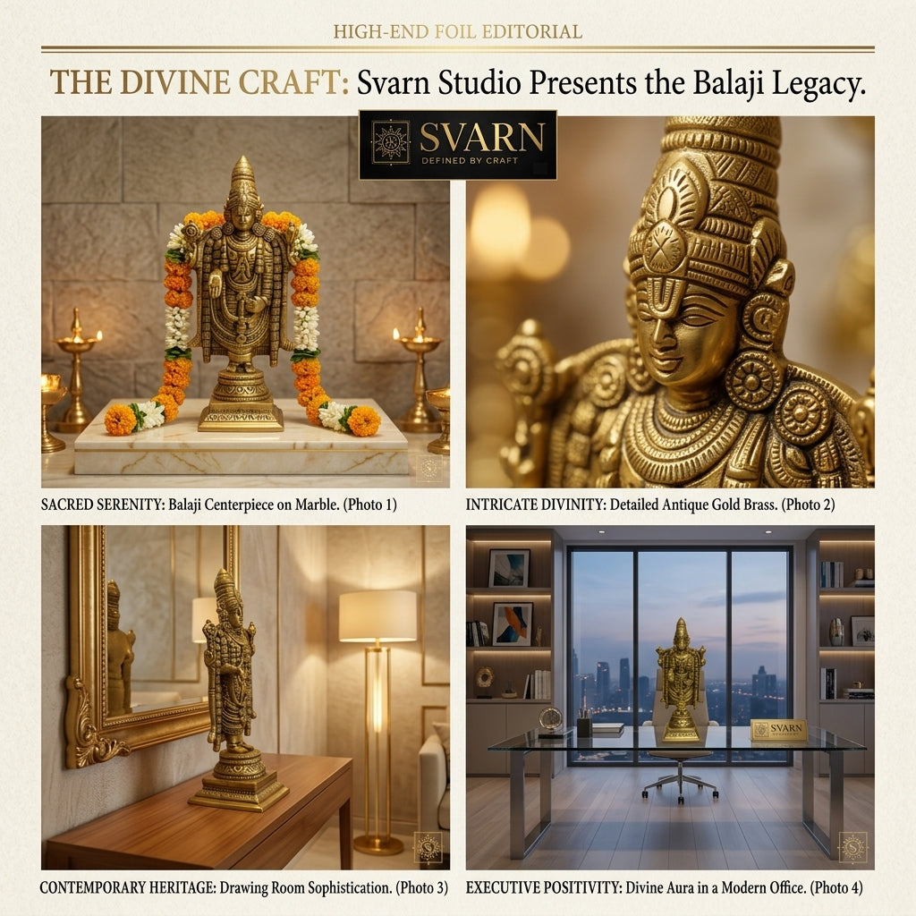 Svarn Studio Pure Brass Lord Venkateswara Balaji Idol, Tirupati Srinivasa Murti on Square Pedestal | Puja Room Deity Statue | Premium Devotional & Religious Gift | Antique Gold Finish, 20.32 cm, Heavy