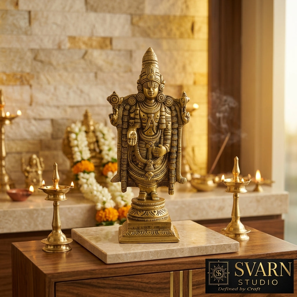 Svarn Studio Pure Brass Lord Venkateswara Balaji Idol, Tirupati Srinivasa Murti on Square Pedestal | Puja Room Deity Statue | Premium Devotional & Religious Gift | Antique Gold Finish, 20.32 cm, Heavy
