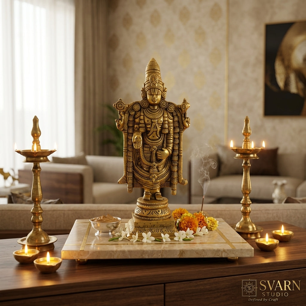 Svarn Studio Pure Brass Lord Venkateswara Balaji Idol, Tirupati Srinivasa Murti on Square Pedestal | Puja Room Deity Statue | Premium Devotional & Religious Gift | Antique Gold Finish, 20.32 cm, Heavy