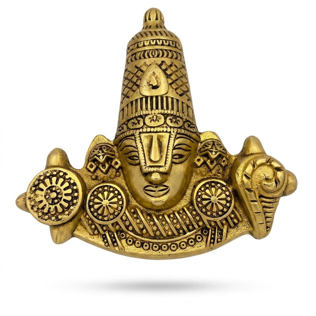 Svarn Studio Brass Balaji Mukh - Woman in cream kurta placing idol on wooden console, warm lifestyle setting