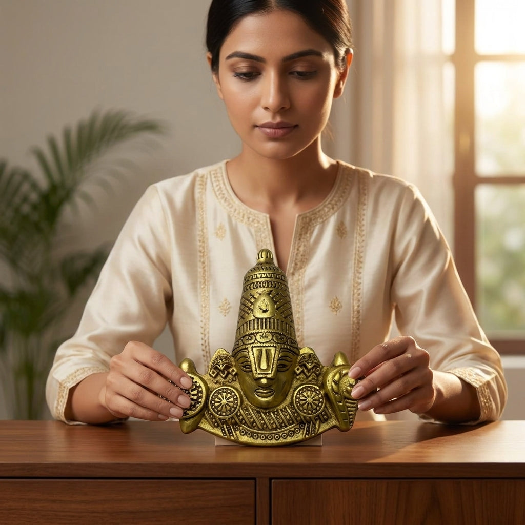Svarn Studio Brass Balaji Mukh - Second front view on white background showing Sudarshana Chakra and Shankha detail
