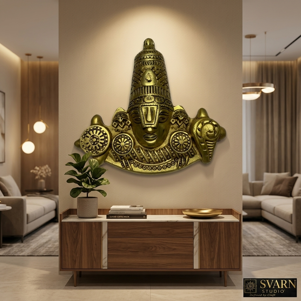 Svarn Studio Brass Balaji Mukh - Third front view showing antique gold finish and ornate necklace detail