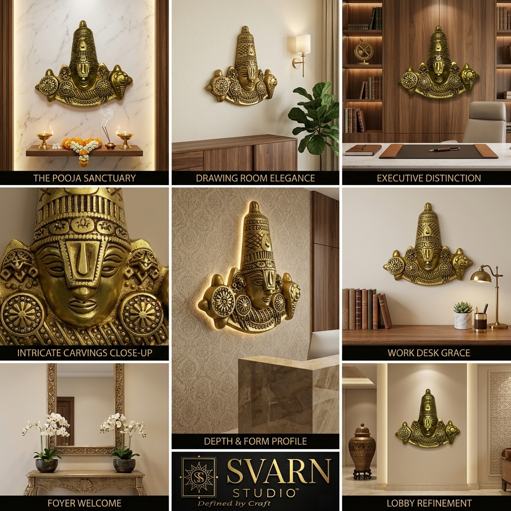 Svarn Studio Brass Balaji Mukh - Back view showing built-in hanging loop and flat base for dual wall/table display