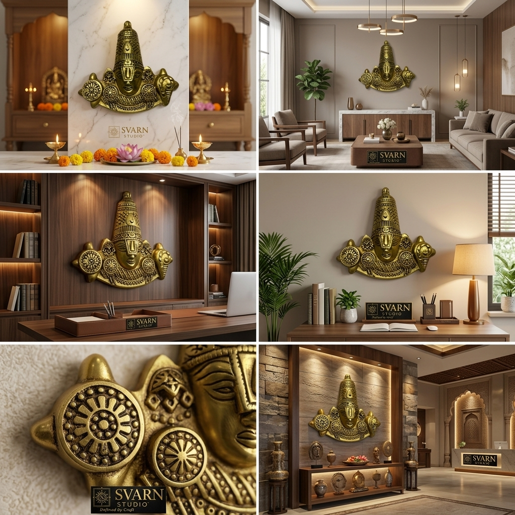 Svarn Studio Brass Balaji Mukh - Angled lifestyle view showing sculptural depth and antique gold patina