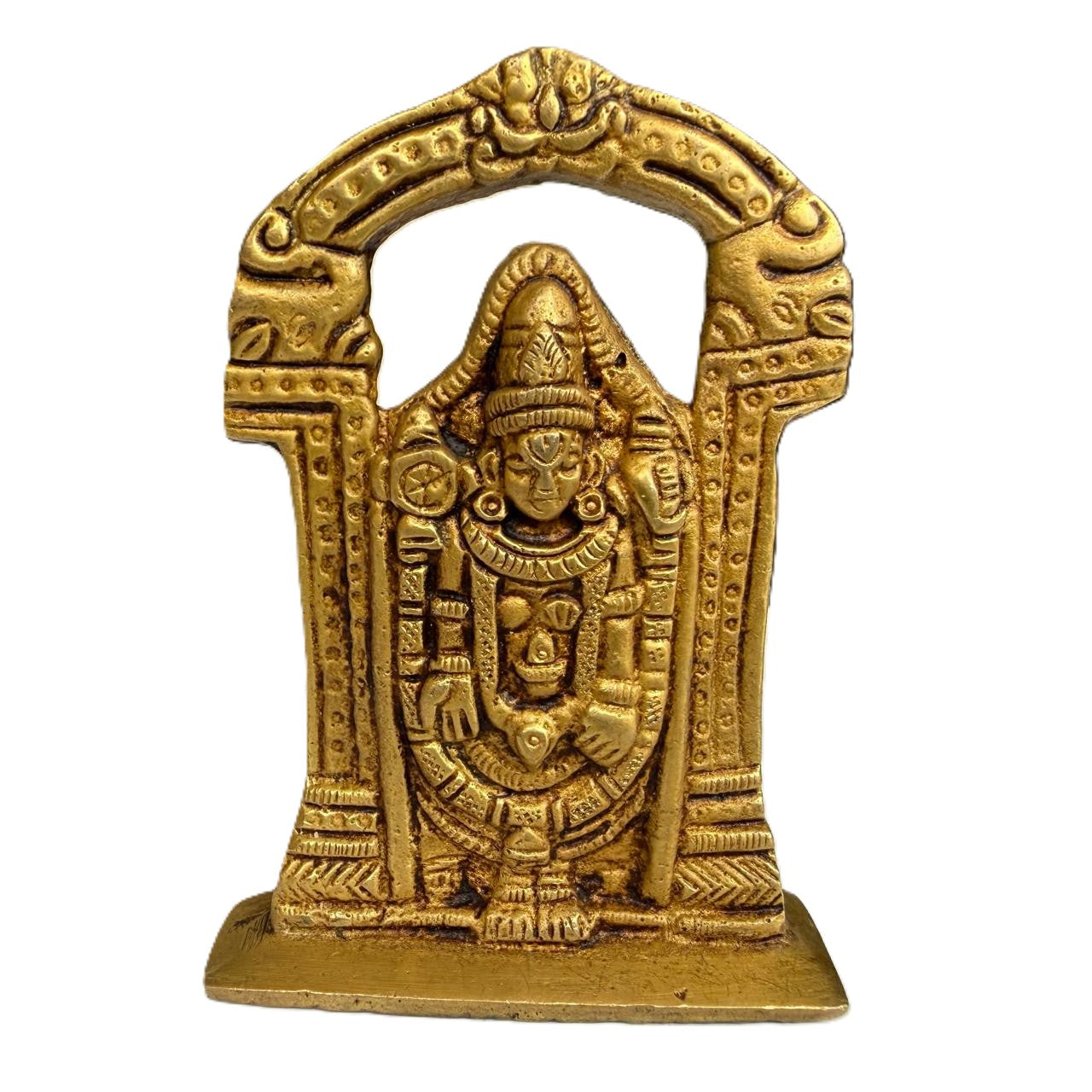Svarn Studio Brass Tirupati Balaji Idol with Temple Arch, Antique Gold Finish, 9 cm x 6.5 cm, Home Mandir, Puja Room, Office & Car Dashboard Figurine