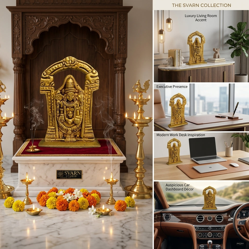 Svarn Studio Brass Tirupati Balaji Idol with Temple Arch, Antique Gold Finish, 9 cm x 6.5 cm, Home Mandir, Puja Room, Office & Car Dashboard Figurine