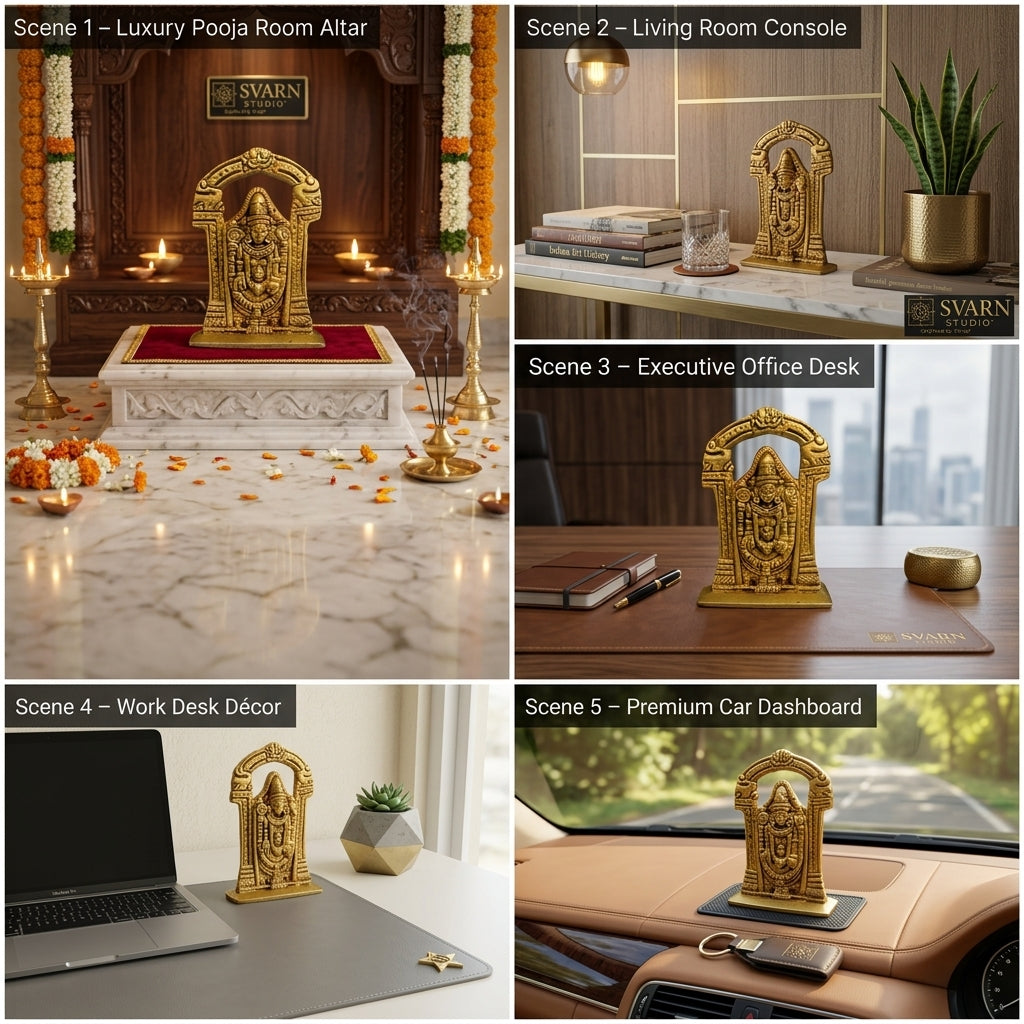 Svarn Studio Brass Tirupati Balaji Idol with Temple Arch, Antique Gold Finish, 9 cm x 6.5 cm, Home Mandir, Puja Room, Office & Car Dashboard Figurine