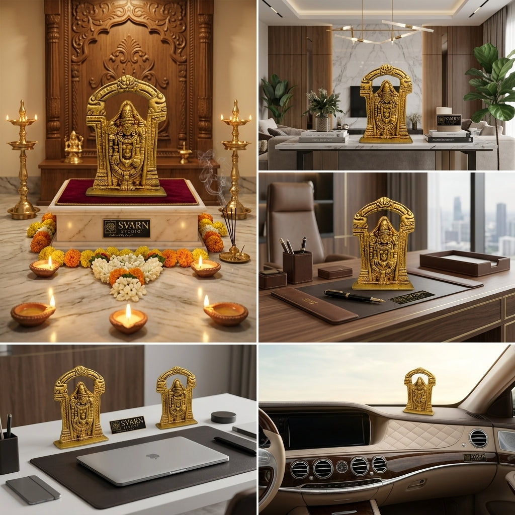 Svarn Studio Brass Tirupati Balaji Idol with Temple Arch, Antique Gold Finish, 9 cm x 6.5 cm, Home Mandir, Puja Room, Office & Car Dashboard Figurine