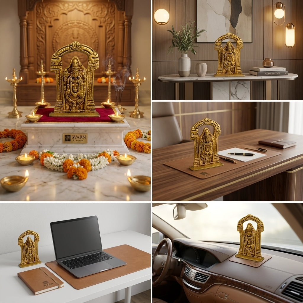 Svarn Studio Brass Tirupati Balaji Idol with Temple Arch, Antique Gold Finish, 9 cm x 6.5 cm, Home Mandir, Puja Room, Office & Car Dashboard Figurine