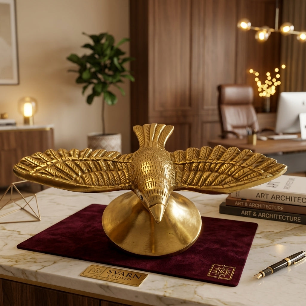 Svarn Studio Brass Flying Bird Figurine | Handcrafted Solid Brass Bird Sculpture with Antique Gold Finish | Vastu Home Décor Showpiece for Living Room, Office & Gifting