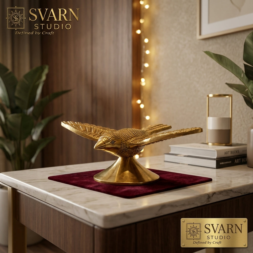 Svarn Studio Brass Flying Bird Figurine | Handcrafted Solid Brass Bird Sculpture with Antique Gold Finish | Vastu Home Décor Showpiece for Living Room, Office & Gifting
