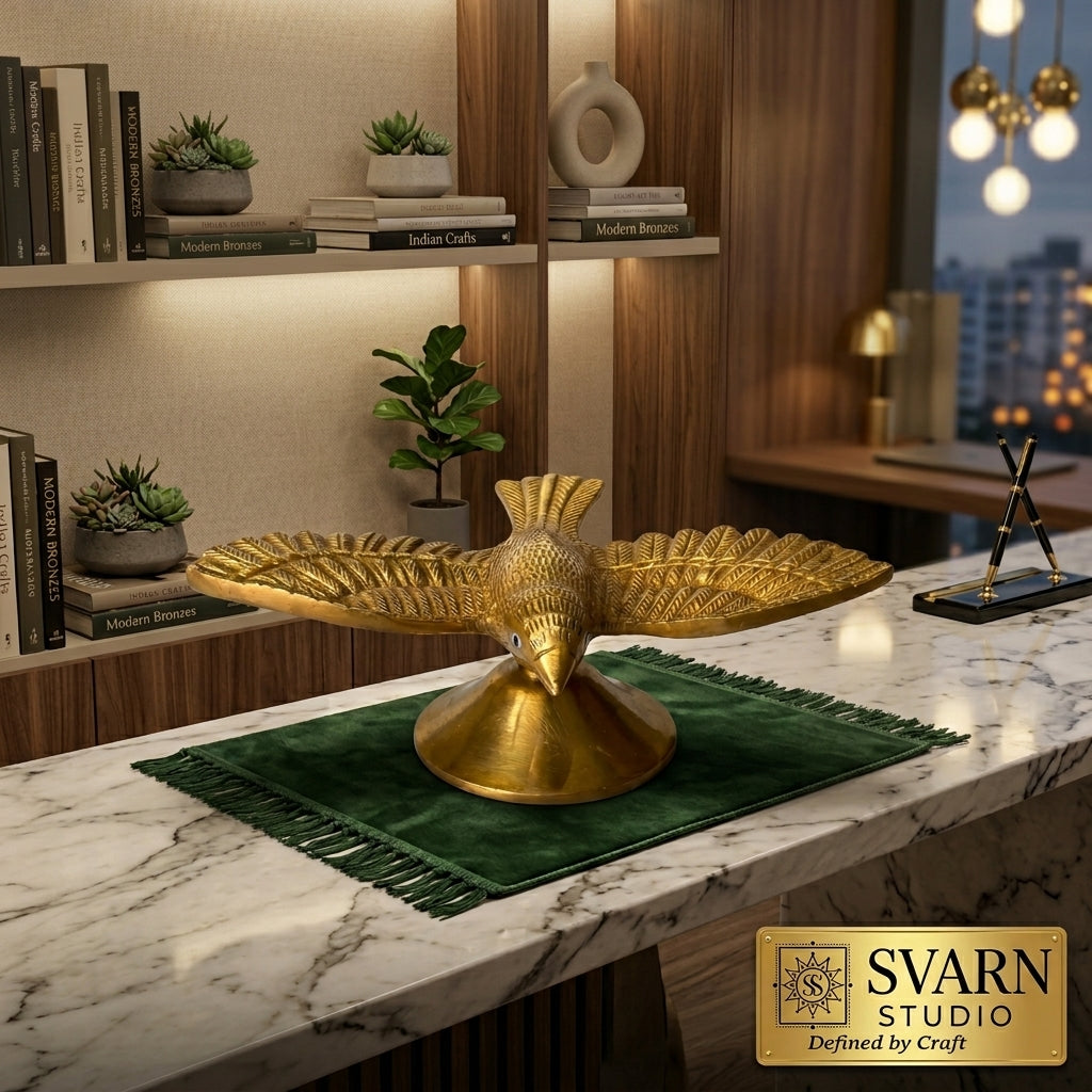 Svarn Studio Brass Flying Bird Figurine | Handcrafted Solid Brass Bird Sculpture with Antique Gold Finish | Vastu Home Décor Showpiece for Living Room, Office & Gifting