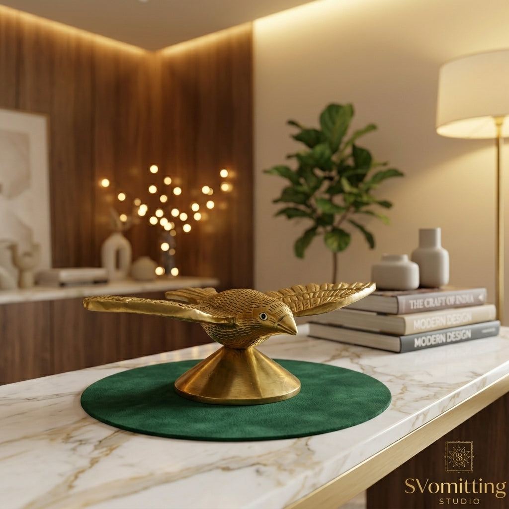 Svarn Studio Brass Flying Bird Figurine | Handcrafted Solid Brass Bird Sculpture with Antique Gold Finish | Vastu Home Décor Showpiece for Living Room, Office & Gifting