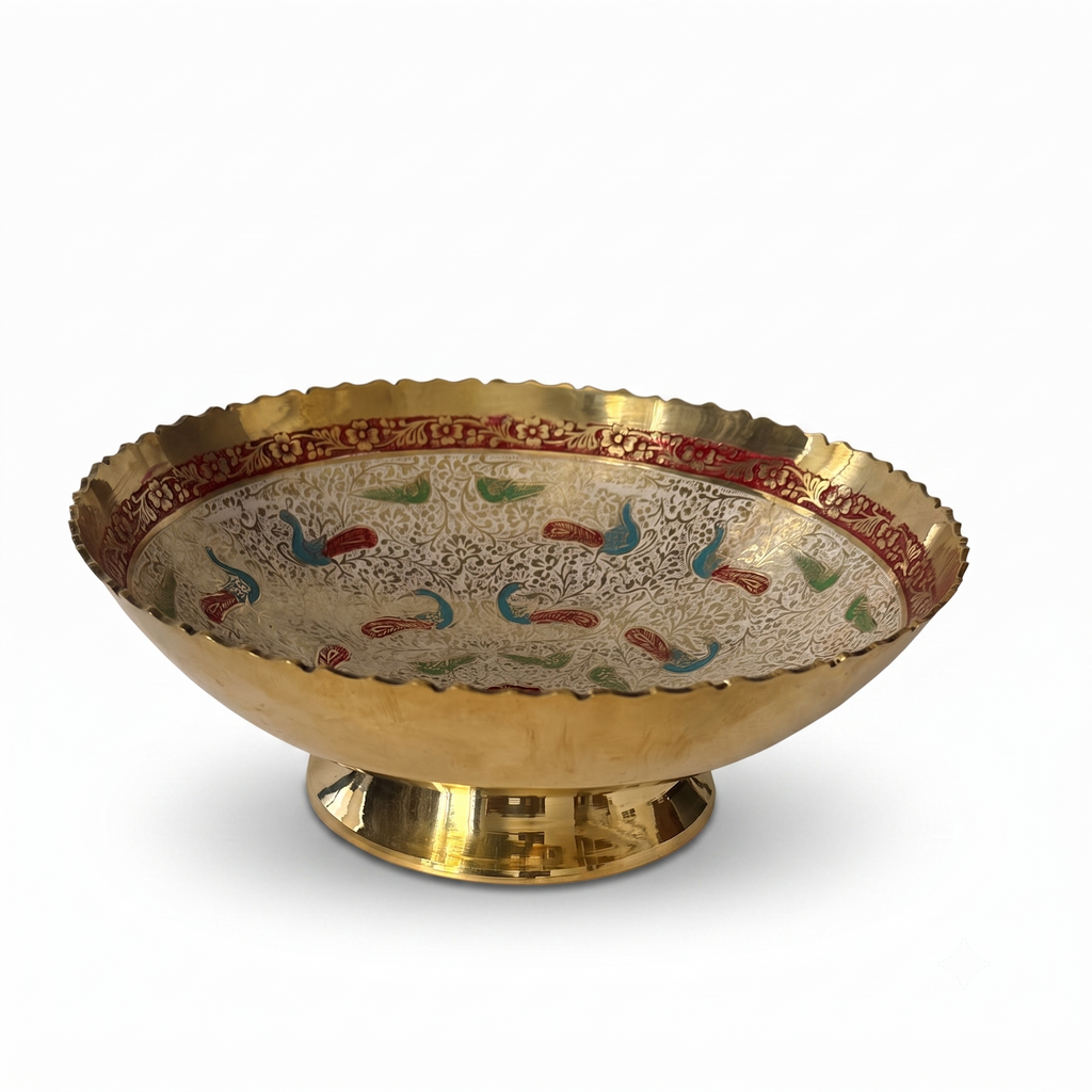 Svarn Studio Brass Meenakari Bowl Ivory Cream Gold - Angled Side View White Background