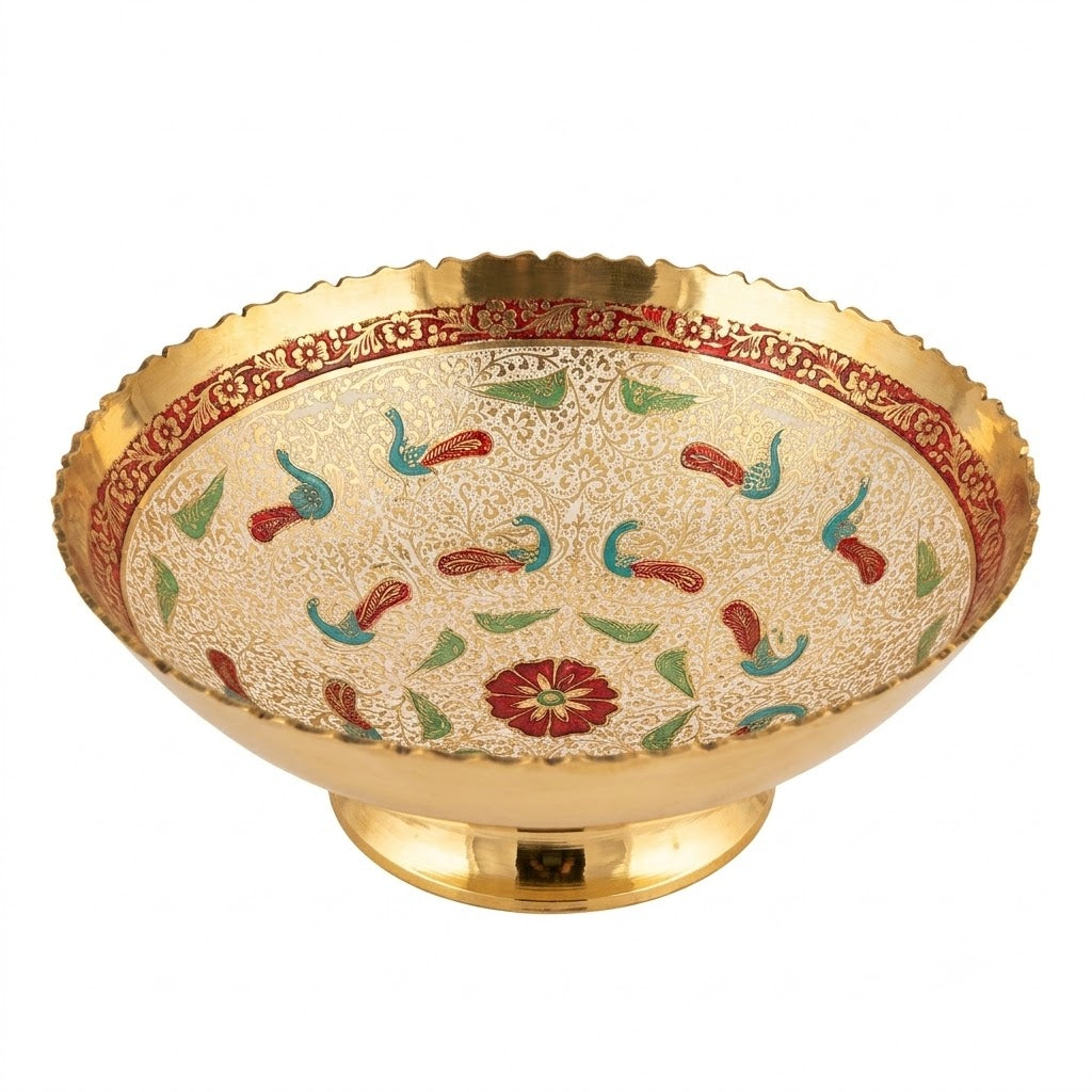 Svarn Studio Brass Meenakari Bowl Ivory Cream Gold - Close-up Macro Peacock Motif Detail