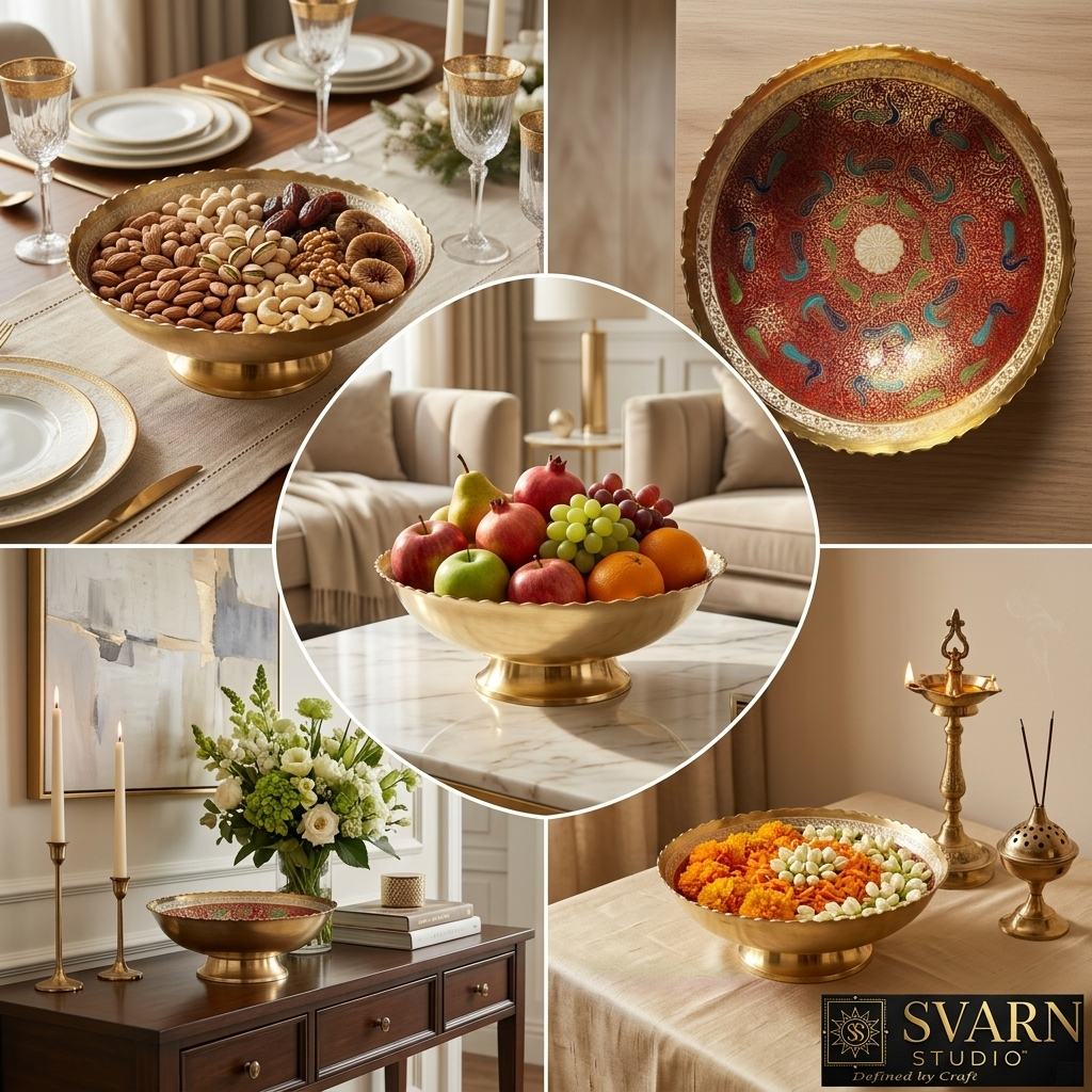 Svarn Studio Brass Meenakari Bowl - Lifestyle Fruit Bowl Living Room Fireplace
