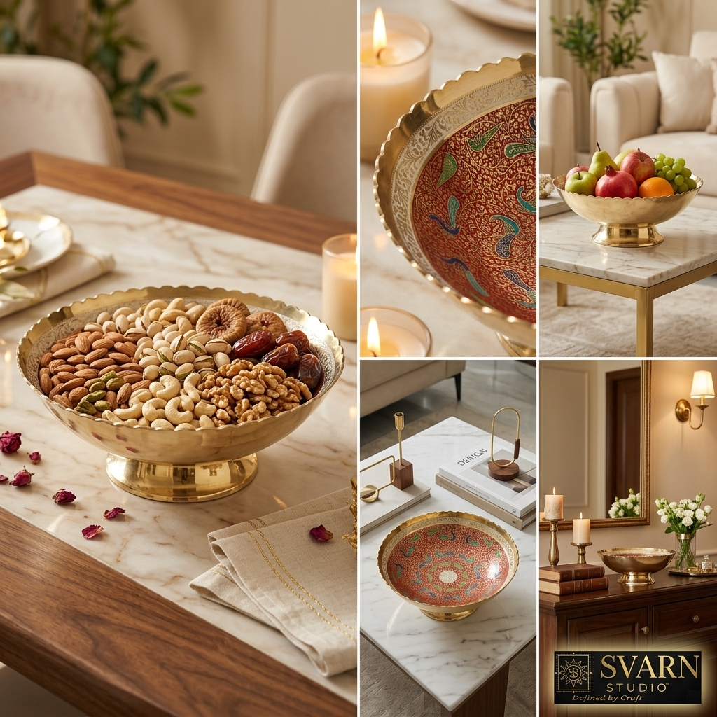 Svarn Studio Brass Meenakari Bowl - Lifestyle Collage Festive Entertaining & Pooja Room